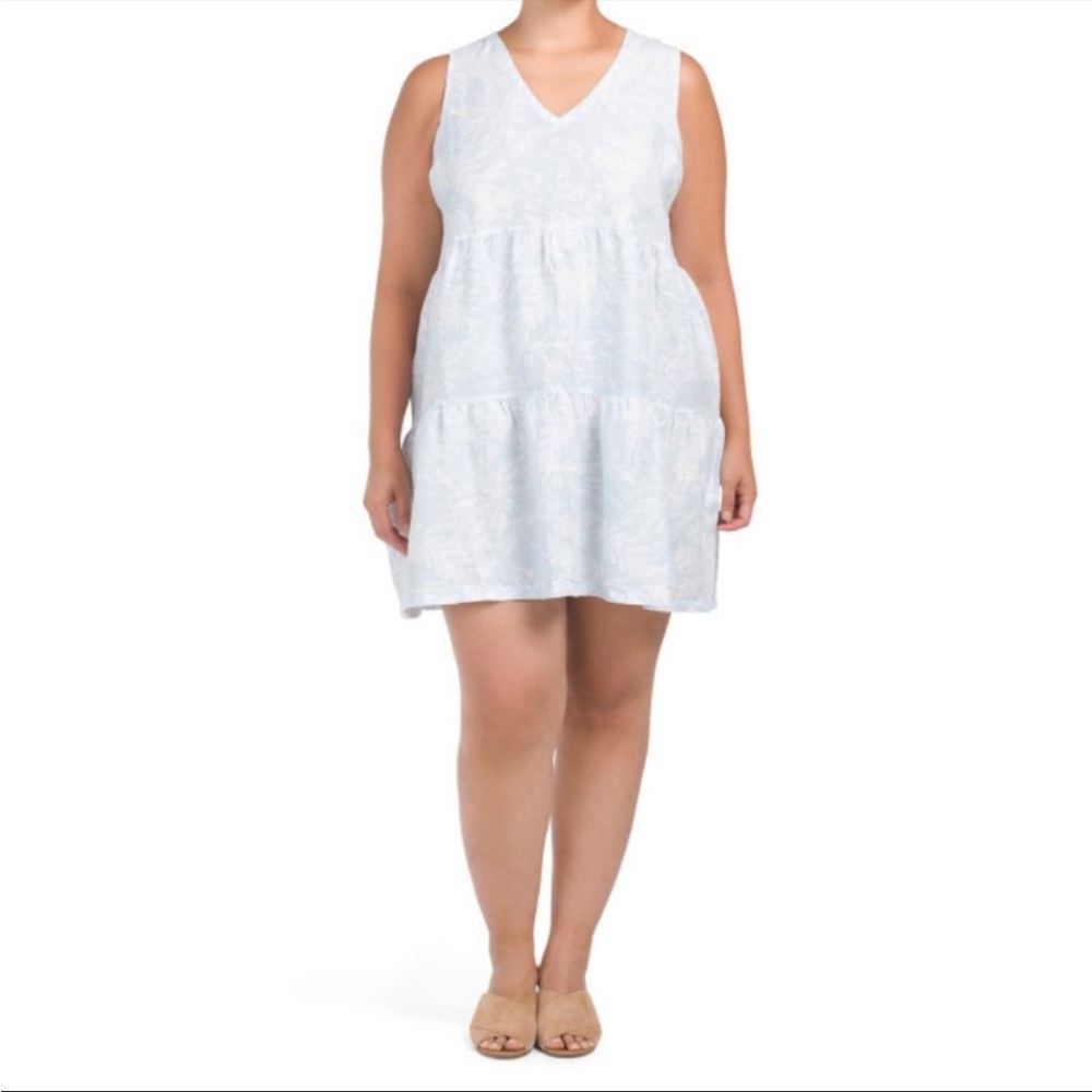 Tahari Blue White 100% Linen Plant Dress